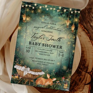EDITABLE Woodland baby shower Invitation, Enchanted Forest Invite, magical Woodland Invite Canva, Enchanted baby shower, fairy garden, fairy lights, woodland deer party theme, magical baby shower, Enchanted Forest, Enchanted Garden Invitation Forest Fairy Garden, Woodland Garden Invite, magical Party, Emerald Green baby shower invite, oh deer baby shower, cradle, Enchanted Forest Baby Shower Invite Template Canva, Woodland Baby Shower, Oh Deer Woodland Deer Magical Baby Shower Fairy Garden