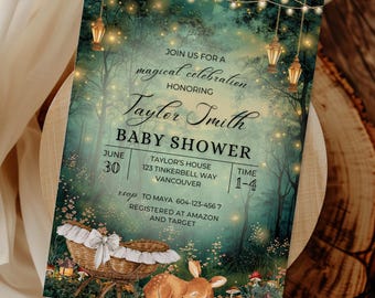 Enchanted Forest Baby Shower Invite Template Canva, Woodland Baby Shower, Oh Deer Woodland Deer Magical Baby Shower Fairy Garden