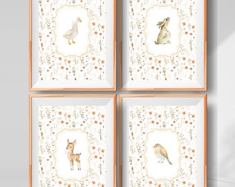 Juego de láminas para habitación de conejito, láminas para habitación de pato, decoración de habitación de conejo y ciervo, decoración de habitación de niña, decoración de habitación vintage, decoración de habitación de estilo cottagecore.