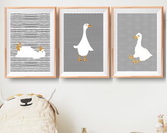 Modern Duck Nursery Print Set, Black Nursery Art, Modern Nursery Decor, Goose Print, Duck Pictures for Nursery, Black White Nursery Wall Art