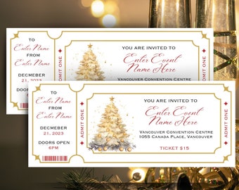 Christmas Event Ticket Template, Modern Holiday Event Gift Surprise Ticket, Christmas Voucher Surprise, Holiday Invitation Ticket, Canva