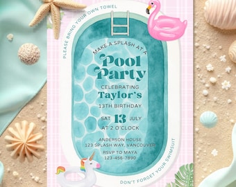 Retro Pool Party Birthday Invitation Canva Template, Summer Swim Party, Tween Swimming Birthday, Tropical Splash Bash Digital Download