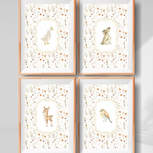 Bunny Nursery Print Set, Duck Nursery Print, Rabbit Deer Woodland Nursery, Girls Nursery Decor, Vintage Nursery Decor, Cottagecore Nursery