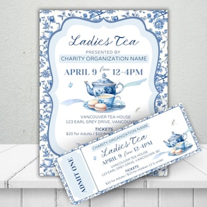 editable Tea Party Event Ticket, High Tea Party Template, Tea Party Sign Printable, Corporate Event, Brunch Flyer, Mothers Day, Boho Party,event sign printable, tea party ticket, blue chinoiserie high tea brunch, ladies tea, partea, Bridgerton party