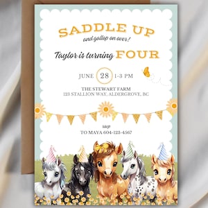 Horse Birthday Invitation Template, Girl Saddle Up Invite, Cowgirl Party Horse Invite, Floral Equestrian Birthday Party, Kawaii Pony Party