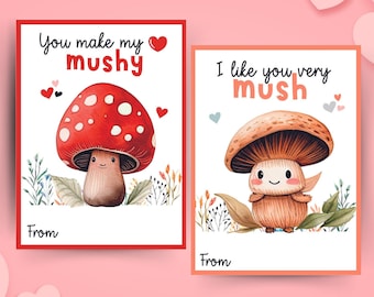 Printable Mushroom Valentine Cards, Kids Valentines, Mushroom Cards for Valentines Day, Funny Valentine, Watercolor Mushroom, Pun Valentine