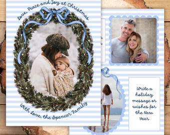 Christmas Photo Card Printable, Blue Christmas Photo Card, Coquette Holidays Card Template, 5x7 DIY Christmas Card Canva Template Wreath Bow