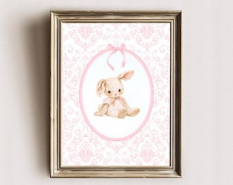 Arte de pared vintage de conejito para habitación de bebé, decoración de conejito para habitación de bebé, arte de habitación de la abuela milenaria, habitación de niña rosa, estampado de lazo rosa, estampado de conejito en acuarela
