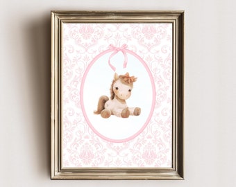 Vintage Horse Nursery Prints, Horse Nursery Decor, Grandmillenial Nursery Art, Pink Girls Room, Watercolor Horse Nursery, Cute Pink Bow