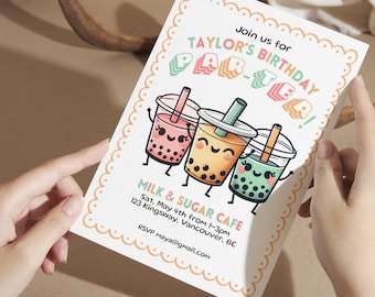 Boba Tea Birthday Par-Tea Invitation, Birthday Par-Tea, Boba Tea Party Invite, Kawaii Bubble Tea Birthday Party, Editable Party Invitation
