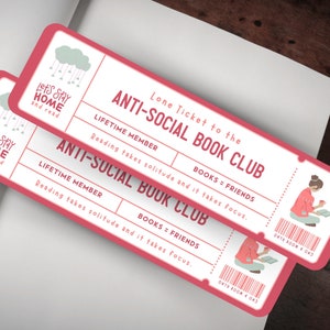 Anti-Social Club Bookmark, Pink Bookmark Ticket, Bookish Gift, Cute Bookmark, Book Lover Gift, Feminist Bookmark, Female Book Club, cute bookmark, Book lover gift, Book gifts, Antisocial club, book club ticket, gifts for readers, bookish girls
