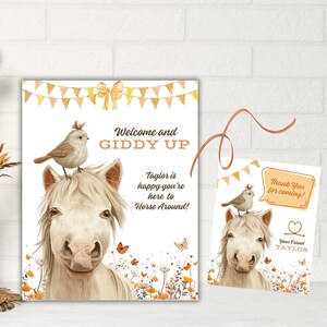 Pferd Geburtstag Willkommensschild Vorlage, Pferd Danke Tags, Mädchen im Sattel, Cowgirl Pferd Party Dekor, Wildblumen Reiter Geburtstagsparty
