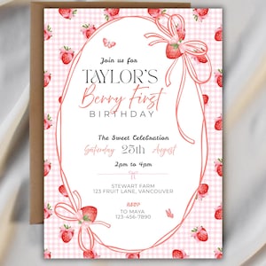 Pink Gingham Berry First Birthday Invitation Template, Strawberries Invitation Printable, Coquette Pink Bow Sweet 1st Birthday Girl, Canva