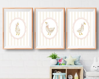 Duck Nursery Print Set, Blush Pink Nursery Decor, Pink Stripe Art, Duck Nursery Decor, Goose Nursery Print, Duck Pictures for Nursery, Boho
