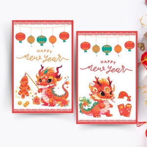 2024 Year of the Dragon Chinese New Year Card, 4x6 Printable Chinese New Year Card,  Lunar New Year Tag, Instant Download, Dragon Card
