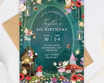 Enchanted Forest Fairy Gnome Invitation Template Canva, Woodland Fairy and Gnome Birthday Invite, Magical Forest   Gnome Party for Girls