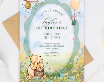 Winnie the Pooh Birthday Invitation Template, Vintage First Birthday Pooh Bear, Storybook Bear Invite, Editable Canva Template Download