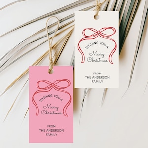 Printable Pink Red Bow Christmas Gift Tags, Whimsical Hand Drawn Christmas Tags, Holiday Gift Tags, Merry Christmas Tags, Editable Template