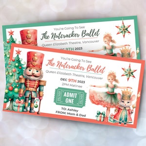 Billet casse-noisette modifiable, modèle personnalisé de billet cadeau surprise de ballet casse-noisette, bon de ballet casse-noisette, cadeau de Noël