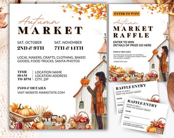May include: A flyer advertising an Autumn Market with a watercolour illustration of a woman holding a pumpkin in front of a small white building. The flyer includes dates, times, and information about local makers, crafts, clothing, baked goods, food trucks, and Santa photos. It also includes a raffle entry form with details about entering to win a prize.