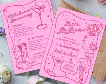 Disco Cowgirl Lets Go Girls Nashville Bachelorette Party Invitation and Itinerary Template, Nash Bash Bachelorette Weekend, Last Rodeo
