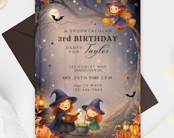 Witch Birthday Invitation Template Canva, Halloween Witch Birthday Invite, Editable Canva Invitation, Spooky Forest Party, Kids Witch Party