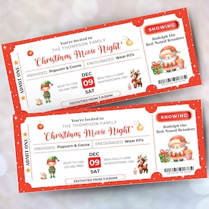 EDITABLE Christmas Movie night invitation ticket, Xmas movie night invitation template, Movie Night ticket, Christmas movie night printable
