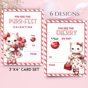 Cat Valentine Card, Cherry Valentine, Kids Valentines Cards, Kawaii Valentine Card, Kids School Valentine Set, Coquette Valentine Printable