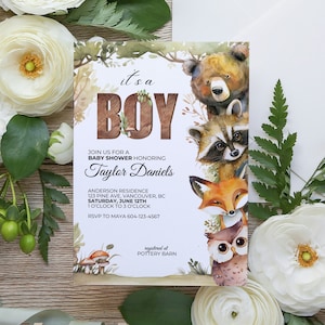 EDITABLE Woodland Boy Baby Shower Invitation, Forest Animals Invite Template, Woodland Animals Baby Shower, Greenery Invitation Baby Shower