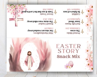 EDITABLE Easter Story Snack Mix Printable Tag Easter Bag Topper, Easter Basket Stuffer Treat Cards, Easter Party Gift Favor, Church Handout