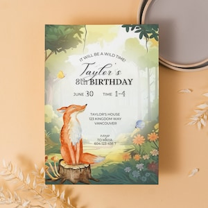 Modèle MODifiable d'invitation d'anniversaire de renard heureux, invitation d'anniversaire de forêt enchantée, invitation de sauvages, invitation de fêtards, renard mignon dans la forêt