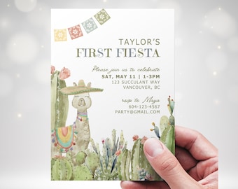 May include: A colorful invitation for a first birthday party with a llama wearing a sombrero and surrounded by cacti. The invitation says "Taylor's First Fiesta" and includes the date, time, and location of the party. It also includes the RSVP information.