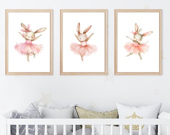 Printable Ballerina Bunny Nursery Wall Decor, Set of 3, Woodland Nursery Prints, Bunny Wall Art, Girls Room Decor, Ballet Gifts, Rabbit