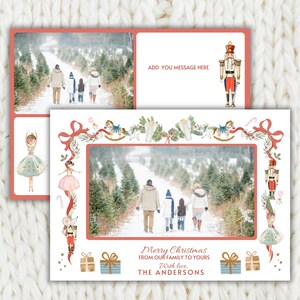 Modèle de carte photo de Noël casse-noisette, carte photo de vacances imprimable, carte de Noël bricolage 5 x 7, cadeaux de ballet casse-noisette, carte de vœux noeud rouge