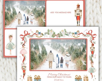 Nussknacker Weihnachten Foto Kartenvorlage, Urlaub Foto Karte druckbar, 5 x 7 DIY Weihnachtskarte, Nussknacker Ballett Geschenke, rote Schleife Urlaub Karte