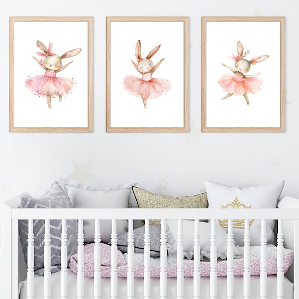 Printable Ballerina Bunny Nursery Wall Decor, Set of 3, Woodland Nursery Prints, Bunny Wall Art, Girls Room Decor, Ballet Gifts, Rabbit