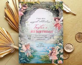 Invitación de cumpleaños editable de hada del bosque, invitación de cumpleaños de bosque encantado, fiesta mágica para niñas, invitación rústica de hada del bosque, Canva