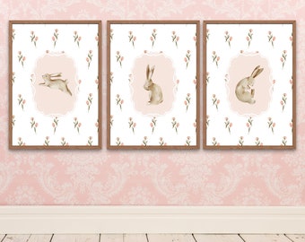 Conjunto de impressões para berçário de coelhos, arte para berçário de coelhos, tulipas, coelho para berçário de menina na floresta, quarto de meninas rosa, impressões de coelho em aquarela