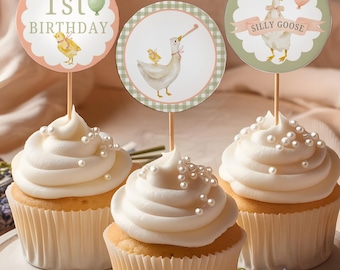 Ein Dumme Gans Cupcake Toppers, Gans Geburtstag Cupcake Toppers, Dumme Gans Geburtstagsparty, Mädchen Erster Geburtstag, 1 Lucky Duck Ente Mit Hut