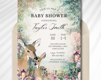 Enchanted Forest Woodland Deer Baby Shower Invitation Template Editable in Canva, Fawn Boho Baby Shower, Pastel Floral Forest Baby Shower
