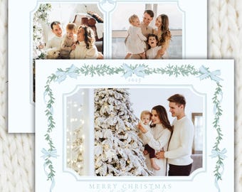 Editable Christmas Photo Card Template, Blue Christmas Coquette Holidays Card Canva Template, Classic Watercolor Greenery with Blue Bow