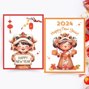 2024 Year of the Dragon Chinese New Year Card, 3X4 Printable Chinese New Year Card,  Lunar New Year Tag, Instant Download, Dragon Card