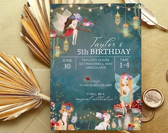 May include: A teal blue invitation with a fairy sitting on a branch with a red dress and a flower crown. The invitation says "Tayler's 5th Birthday" with details for the party. The invitation has a whimsical forest theme with fairy lights, mushrooms, and other woodland creatures.