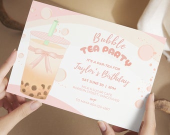Boba Tea Birthday Invitation Template, Birthday Par-Tea, Boba Tea Party Invite, Kawaii Bubble Tea Birthday Party, Editable Party Invitation