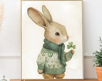 May include: A watercolor painting of a brown rabbit wearing a green sweater and scarf, holding a green four-leaf clover.