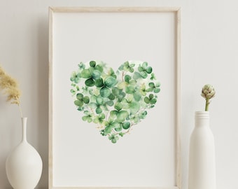 Shamrock Heart Print, St. Patrick's Day Print, Watercolor Clover Print, St. Patrick's Day Print, Four Leaf Clover, Instant Download Clover