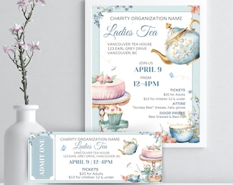 EDITABLE Tea Party Event Ticket, High Tea Party Template, Tea Party Sign Printable, Corporate Event, Brunch Flyer, Mother's Day, Boho Party