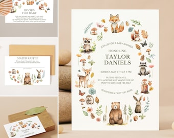 EDITABLE Woodland Baby Shower Invitation BUNDLE, Forest Animals Baby Shower, Greenery Invite, Diaper Raffle, Books for Baby, Thank You Tags