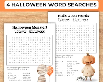Può includere: Due cruciverba a tema Halloween. Il primo cruciverba presenta una mummia che tiene un palloncino e una zucca. Il secondo cruciverba presenta una zucca con un viso di zucca e un ragno. Le parole da trovare sono elencate sotto ogni cruciverba.