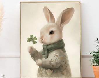 May include: A framed art print featuring a watercolor illustration of a white rabbit holding a green four-leaf clover. The rabbit wears a green scarf and a gray sweater with floral and heart patterns. The artwork has a soft, pastel color palette.